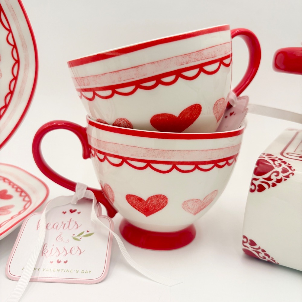 Grace Bake Shop Hearts Ceramic Baking Set Measuring Cups Sugar Creamer Plates - Picture 5 of 11